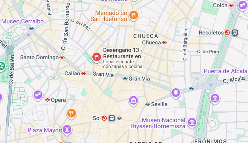 Mapa ubicación restaurante Desengaño 13, a 10 minutos de Chueca y 2 del metro Gran Vía, zona Orgullo Gay Madrid